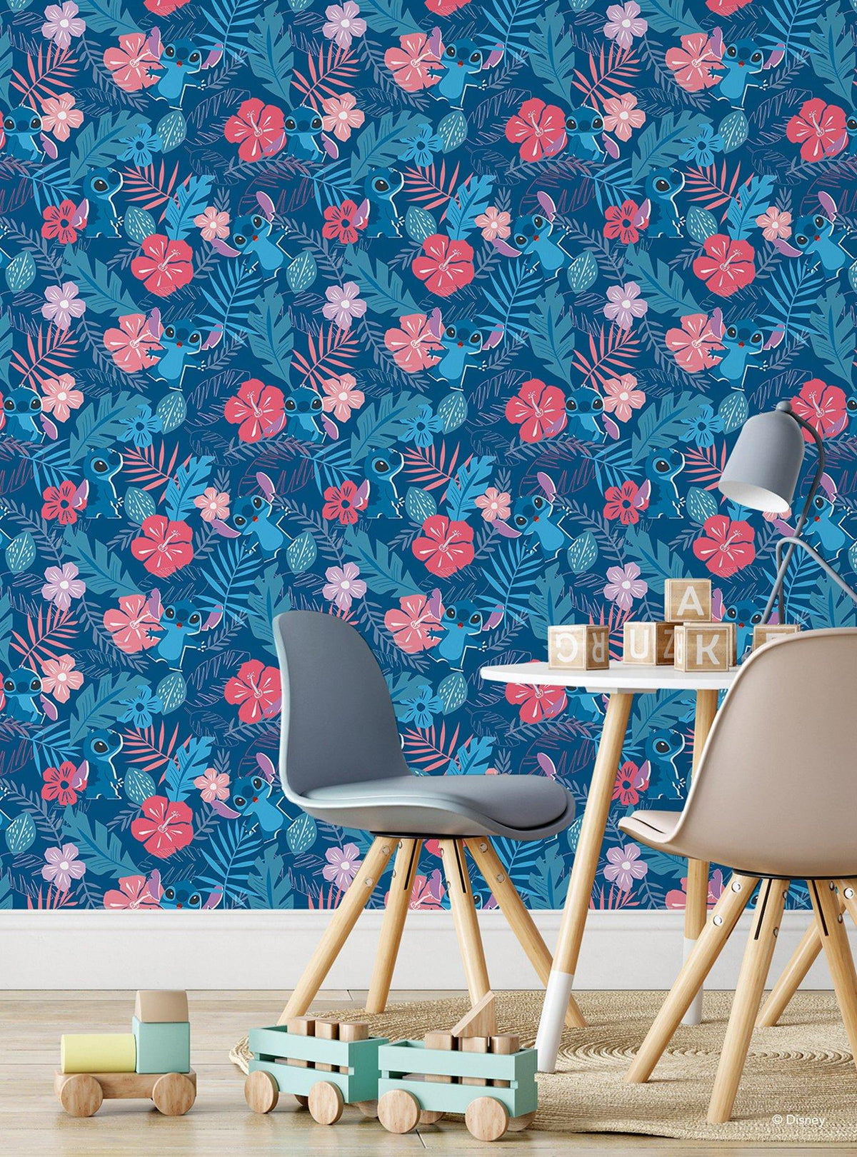 Papel mural autoadhesivo Disney Stitch flores tropicales