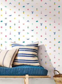 Papel mural adhesivo Stitch Aloha azul y rosado