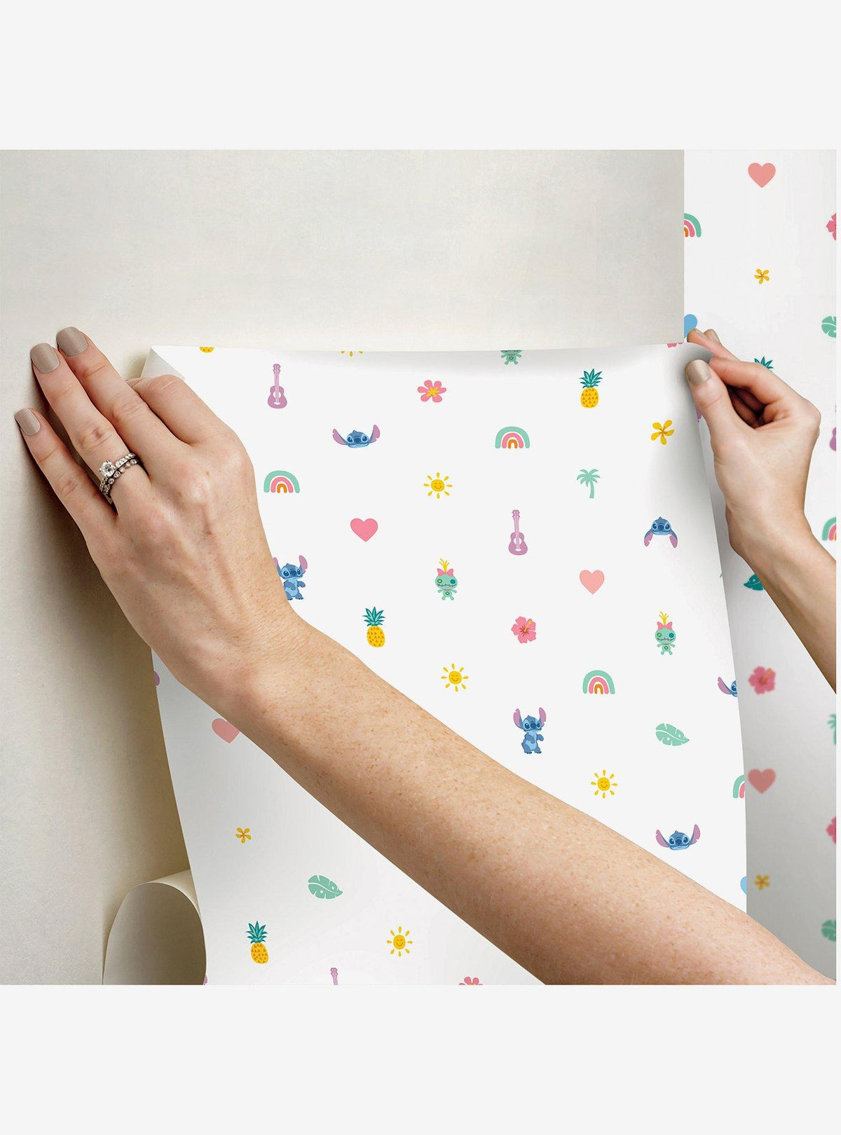 Papel mural adhesivo Stitch Aloha azul y rosado