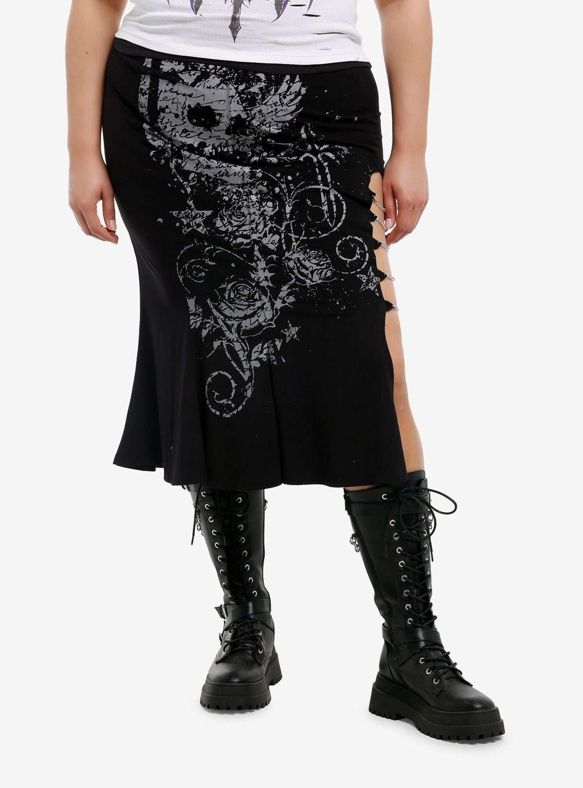 Falda midi plus size con calavera, rosas y cadenas