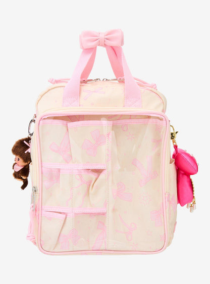 Mochila mini con lazos rosados y bolsillo transparente