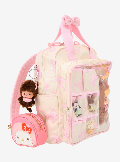 Mochila mini con lazos rosados y bolsillo transparente