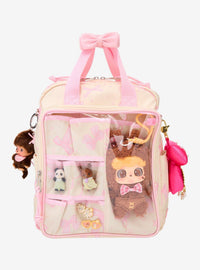 Mochila mini con lazos rosados y bolsillo transparente