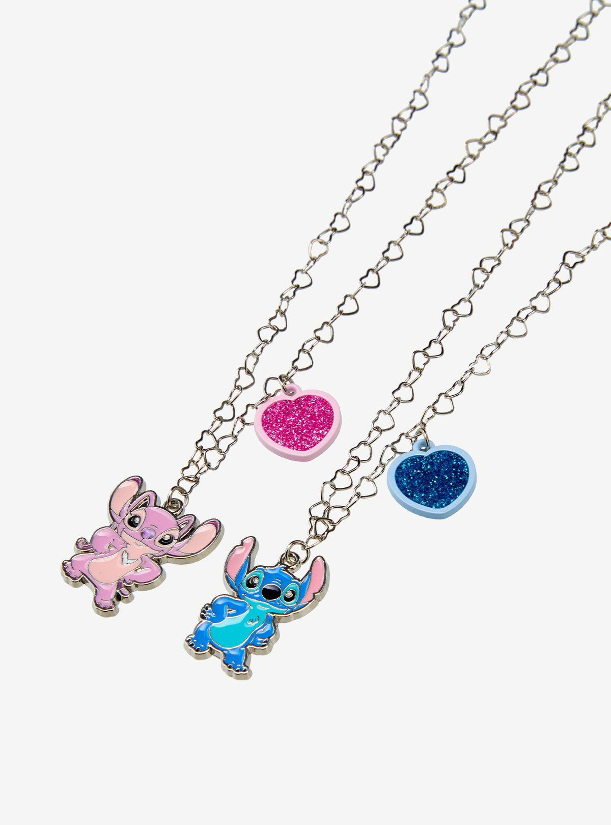 Set de collares Disney Stitch y Angel con corazones brillantes