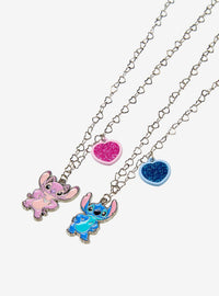 Set de collares Disney Stitch y Angel con corazones brillantes