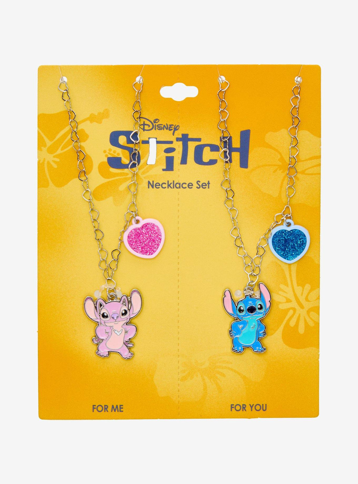 Set de collares Disney Stitch y Angel con corazones brillantes