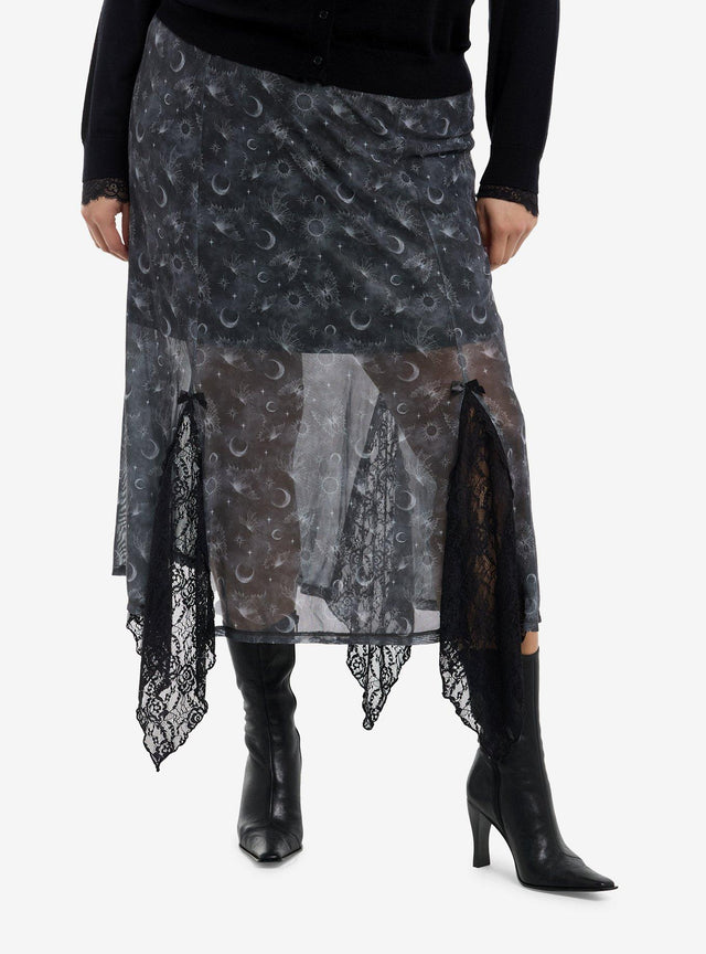 Falda midi plus size con polillas y motivos celestiales
