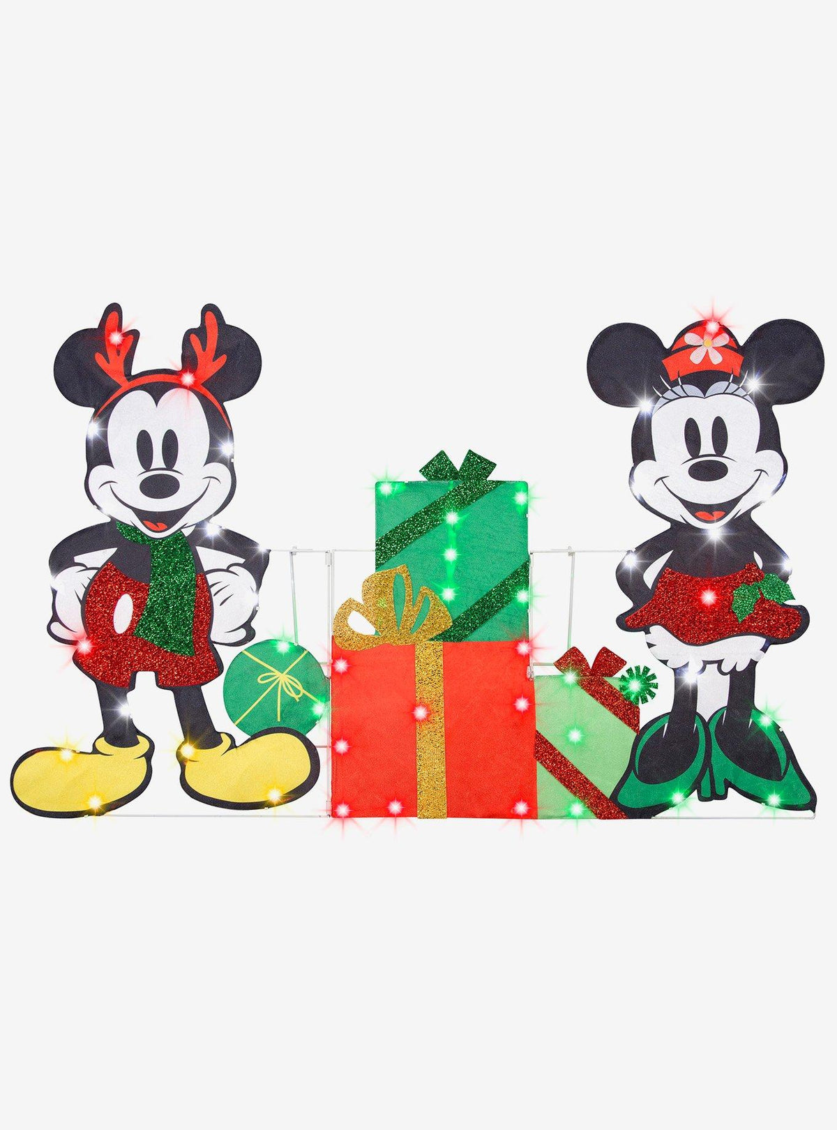 Decoración navideña iluminada de Mickey y Minnie con regalos