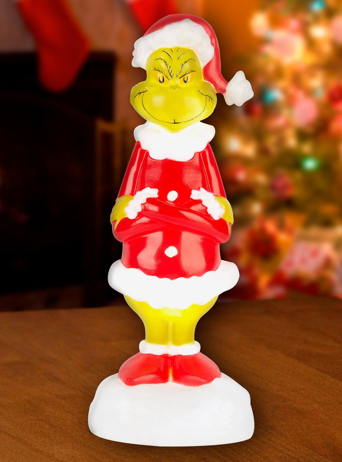 Adorno iluminado del Grinch con traje de Santa