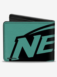 Billetera plegable rosada con logos de Nerf