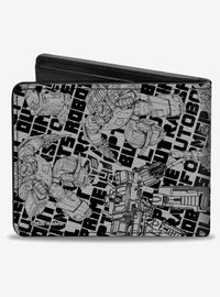 Billetera plegable Transformers con collage de robots y texto