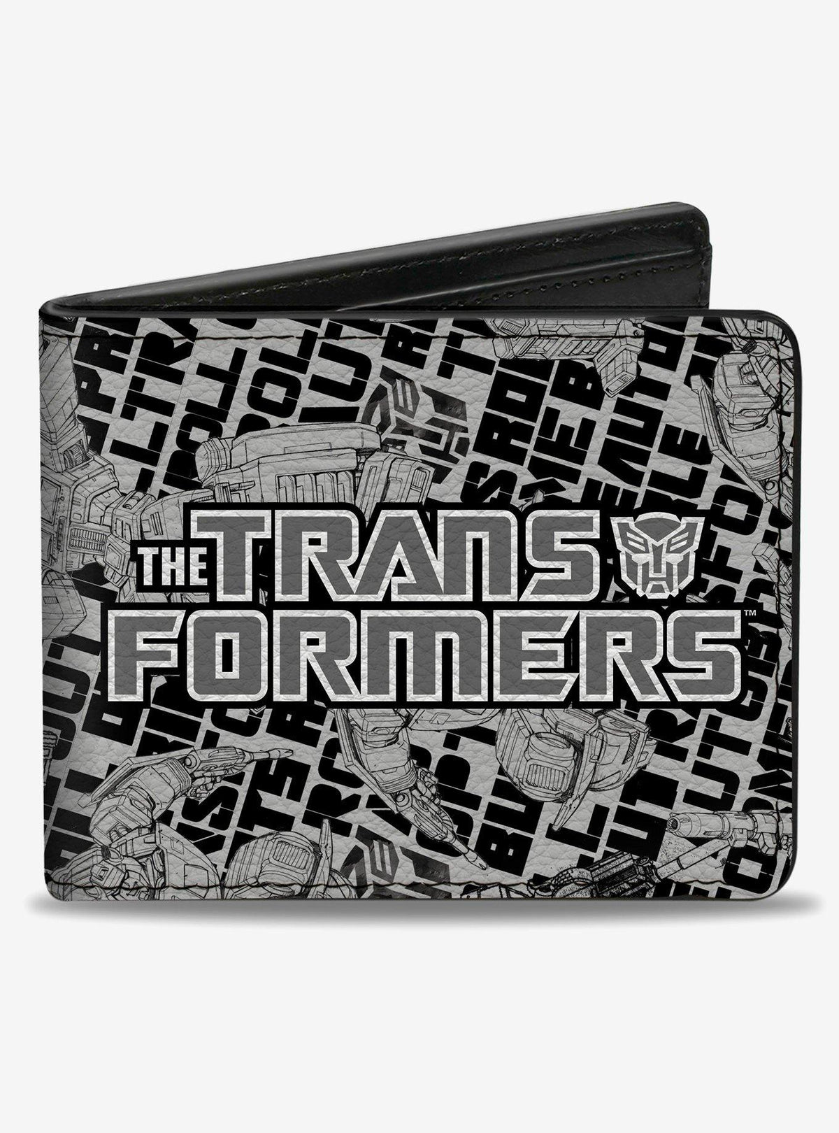 Billetera plegable Transformers con collage de robots y texto