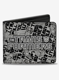Billetera plegable Transformers con collage de robots y texto