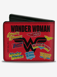 Billetera plegable Wonder Woman: collage de logos de aniversario