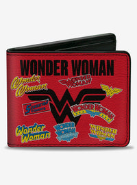 Billetera plegable Wonder Woman: collage de logos de aniversario