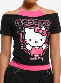 Polera Hello Kitty rosa con hombros descubiertos para niñas
