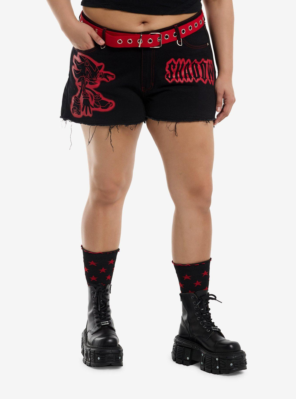 Shorts de mezclilla Shadow de Sonic the Hedgehog, talla grande