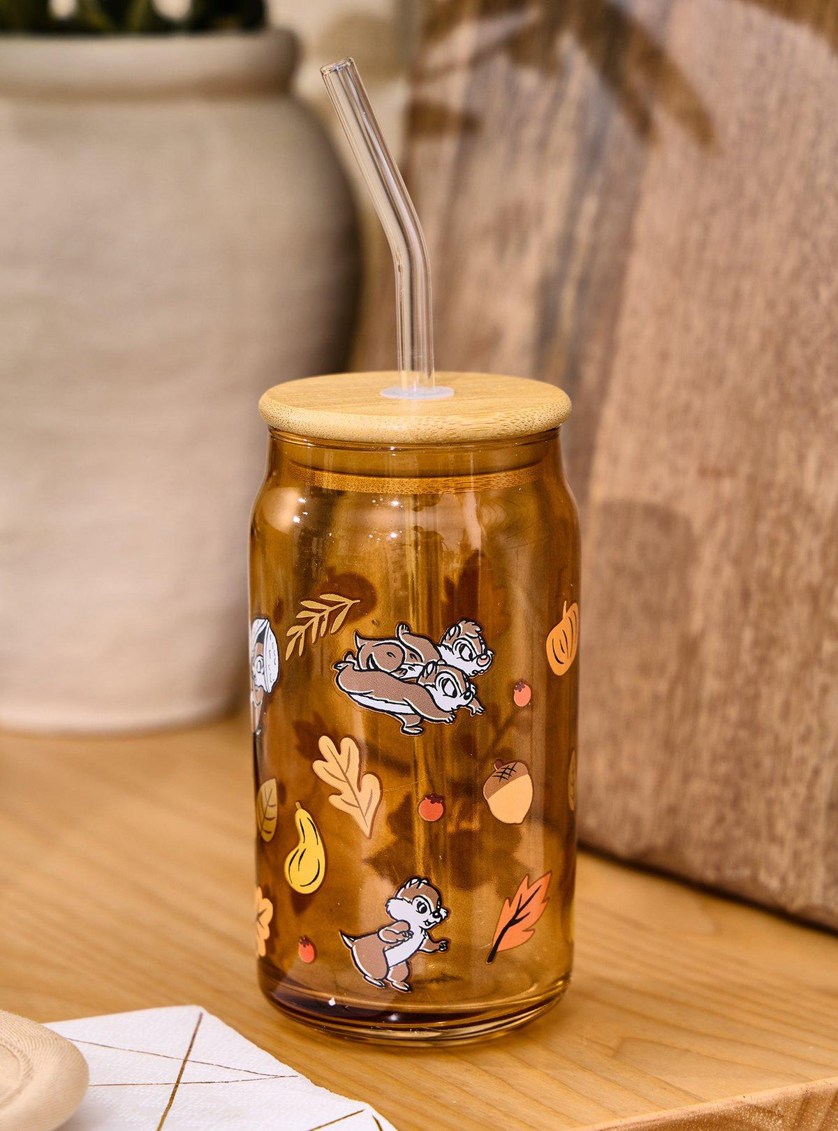 Vaso de vidrio Disney Chip y Dale con bombilla