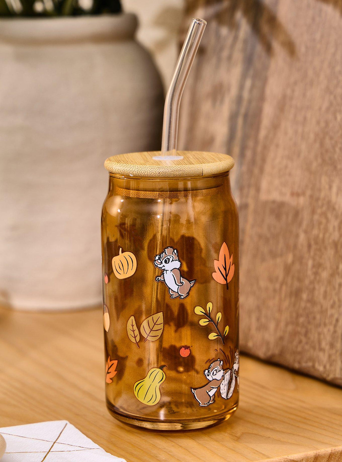 Vaso de vidrio Disney Chip y Dale con bombilla