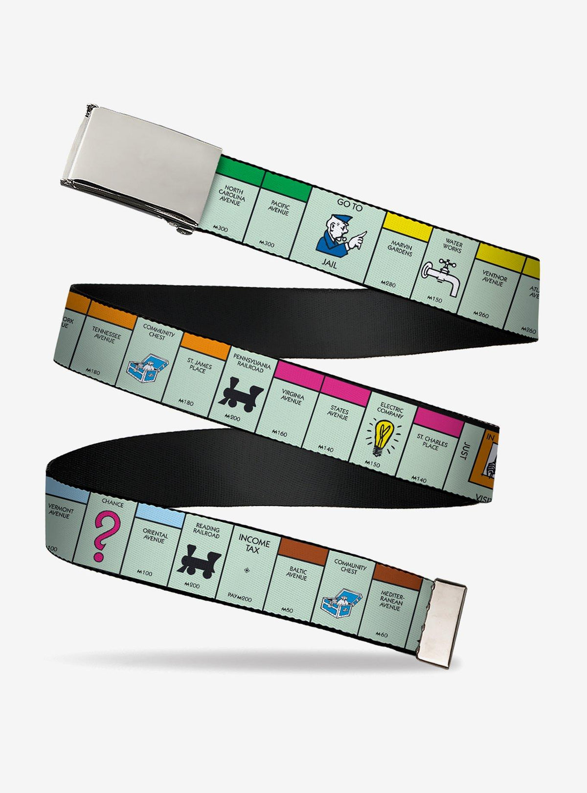 Cinturón Monopoly con diseño de tablero y bloques espaciales
