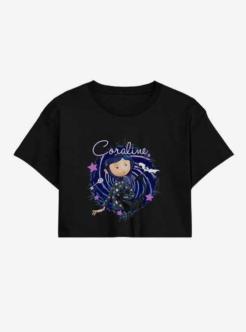 Polera corta Coraline con gato, remolinos y estrellas