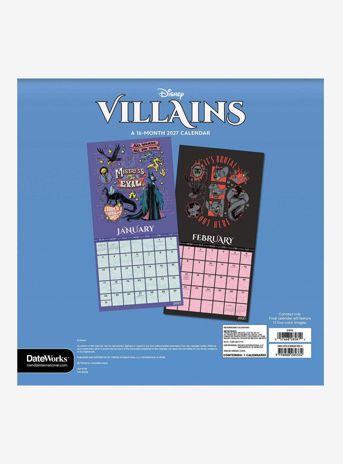 Calendario mural Disney Villains 2027 de 16 meses