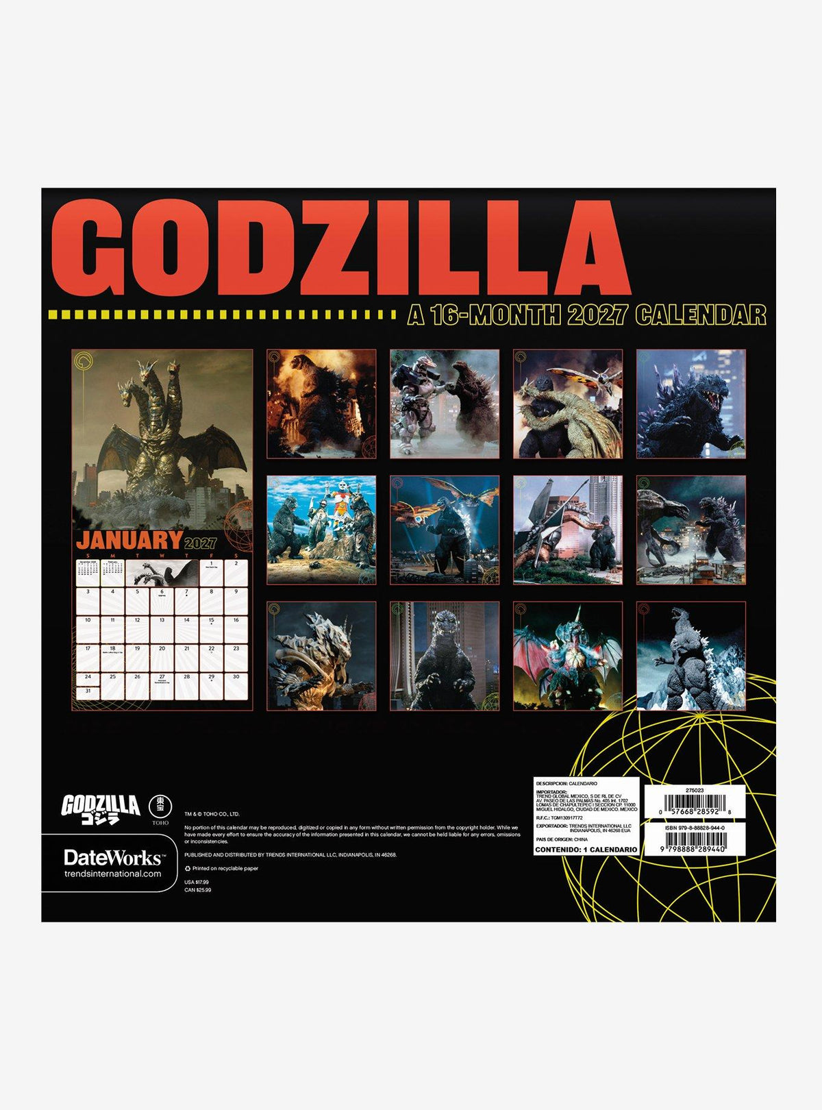 Calendario de pared Godzilla 2027 de 16 meses