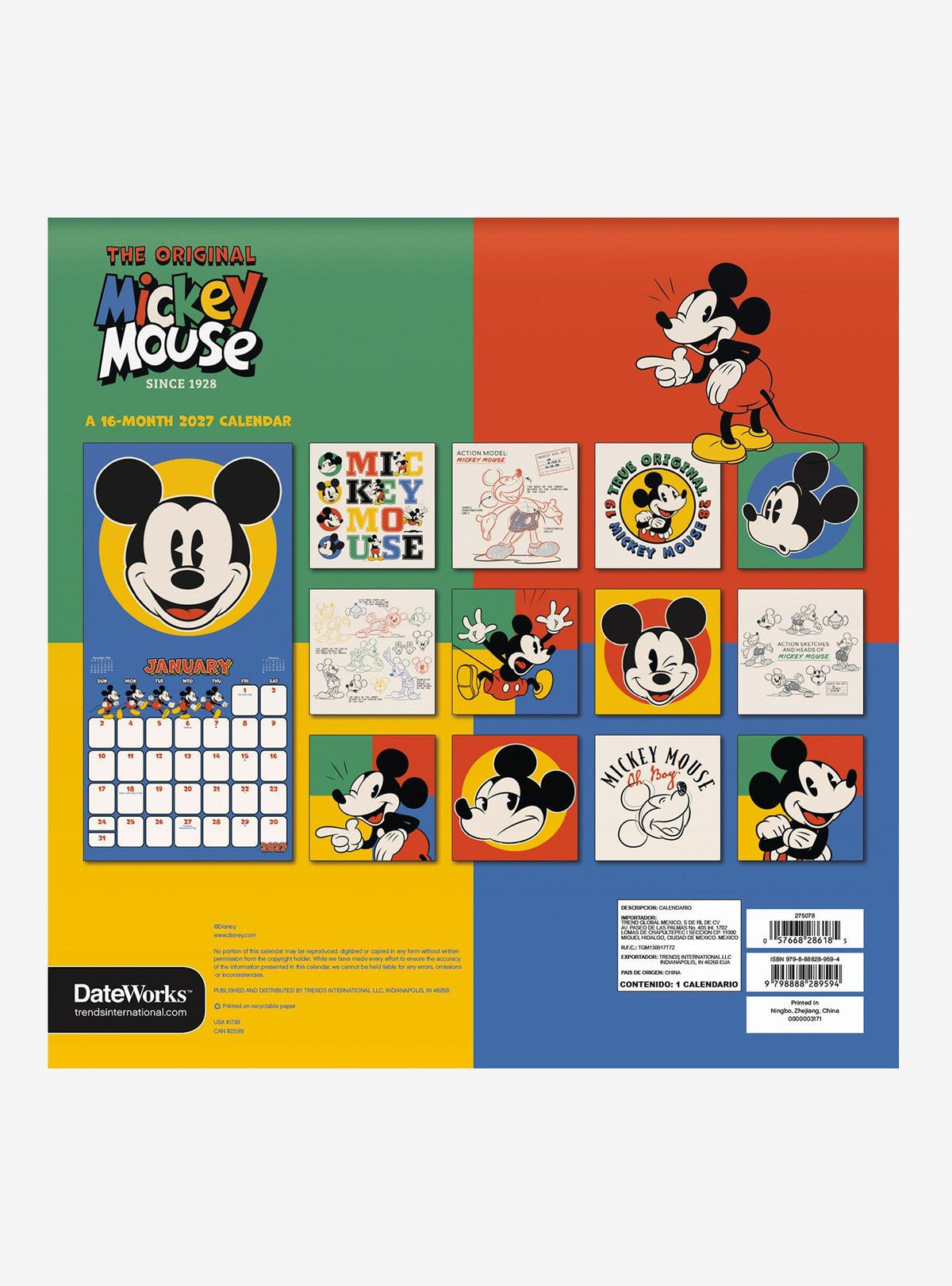 Calendario mural Disney Mickey Mouse retro 2027 de 16 meses