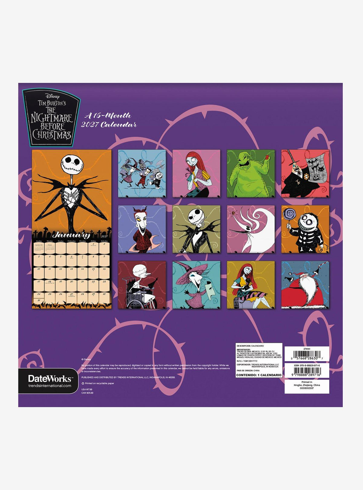 Calendario mural 2027 de The Nightmare Before Christmas, 16 meses