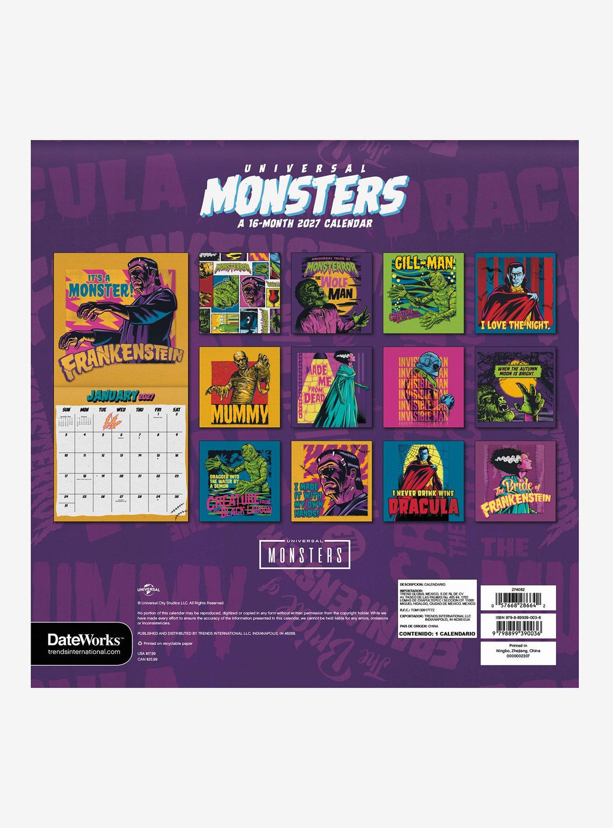 Calendario mural 2027 de Universal Monsters, 16 meses