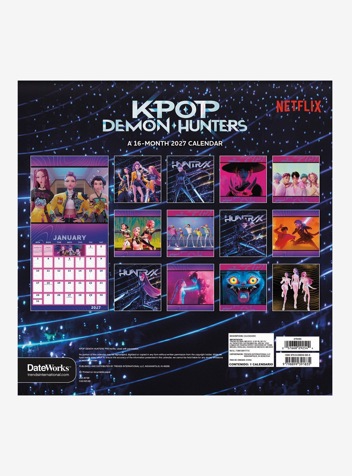 Calendario mural 2027 de 16 meses KPop Demon Hunters