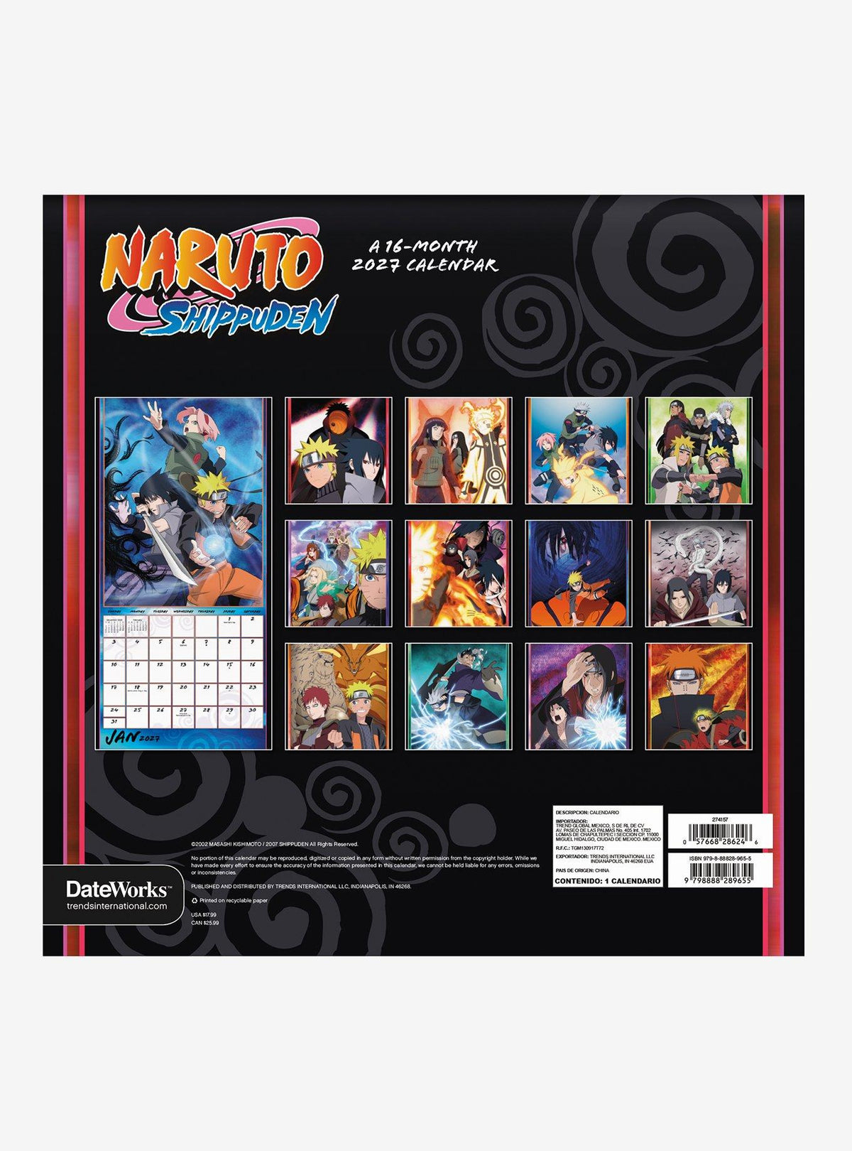 Calendario mural Naruto Shippuden 2027 de 16 meses