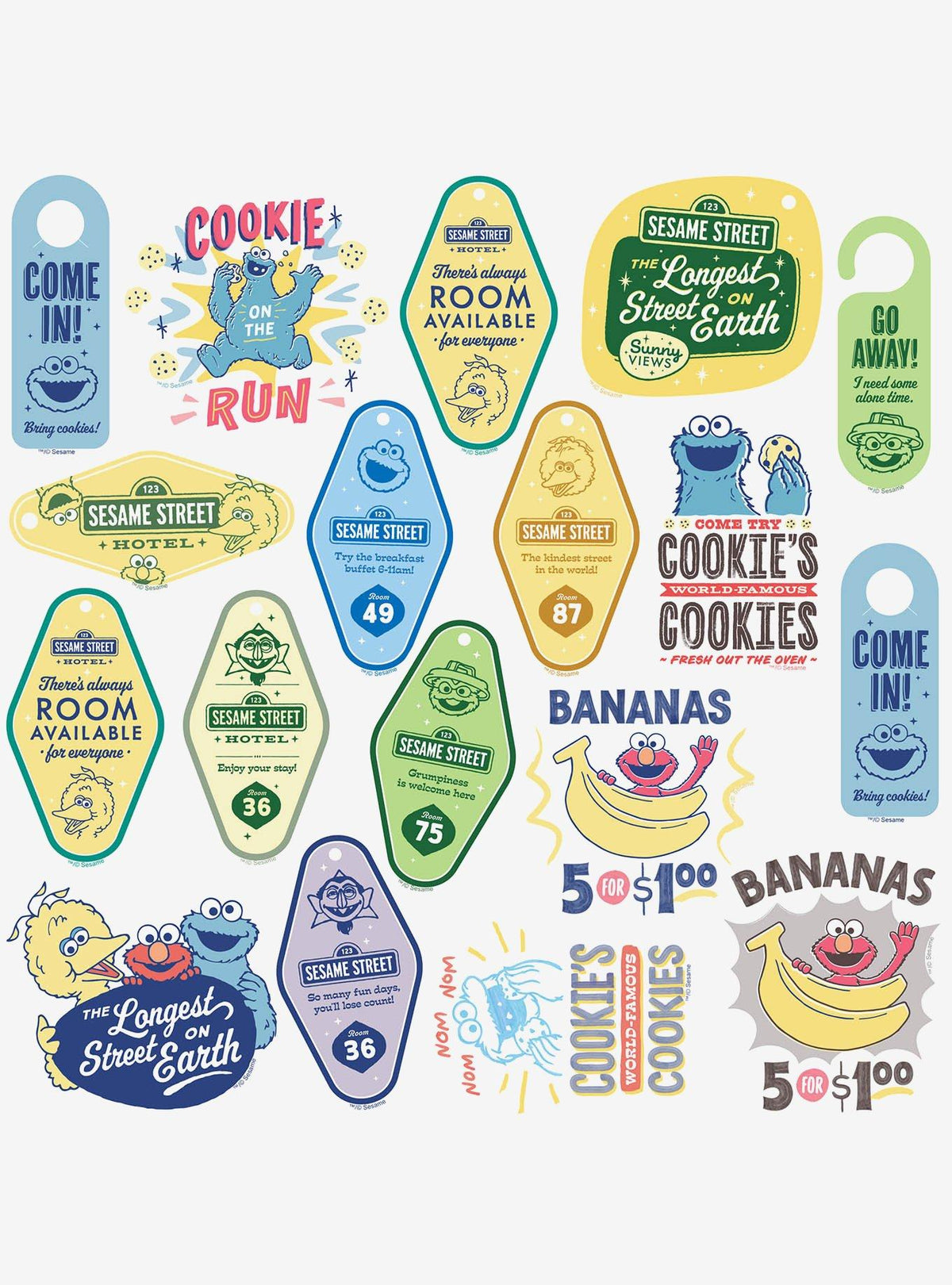 Pack de 100 stickers de letreros vintage de Sesame Street