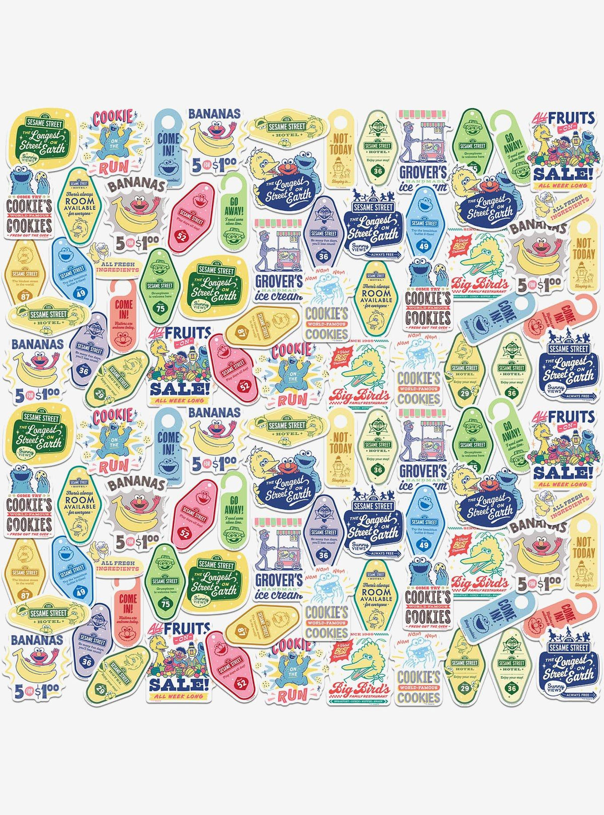 Pack de 100 stickers de letreros vintage de Sesame Street
