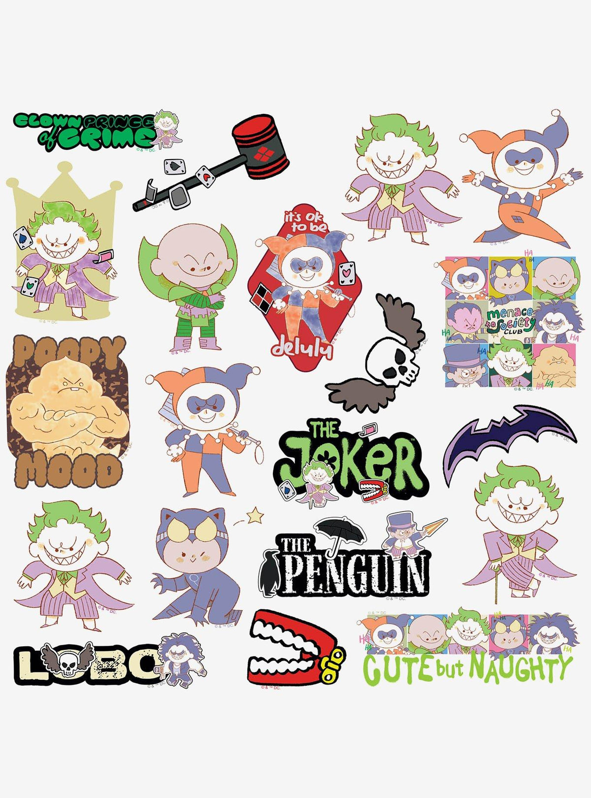 Pack de 100 stickers chibi de villanos de Justice League