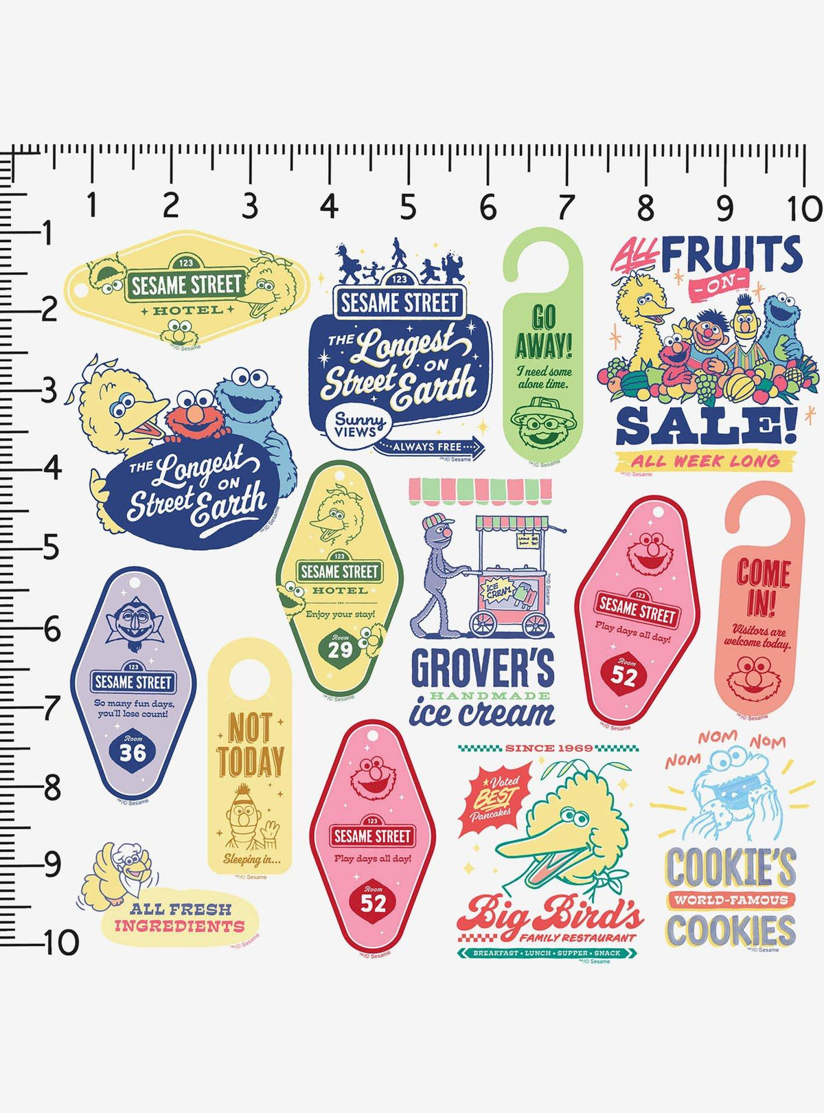 Pack de 100 stickers de letreros vintage de Plaza Sésamo