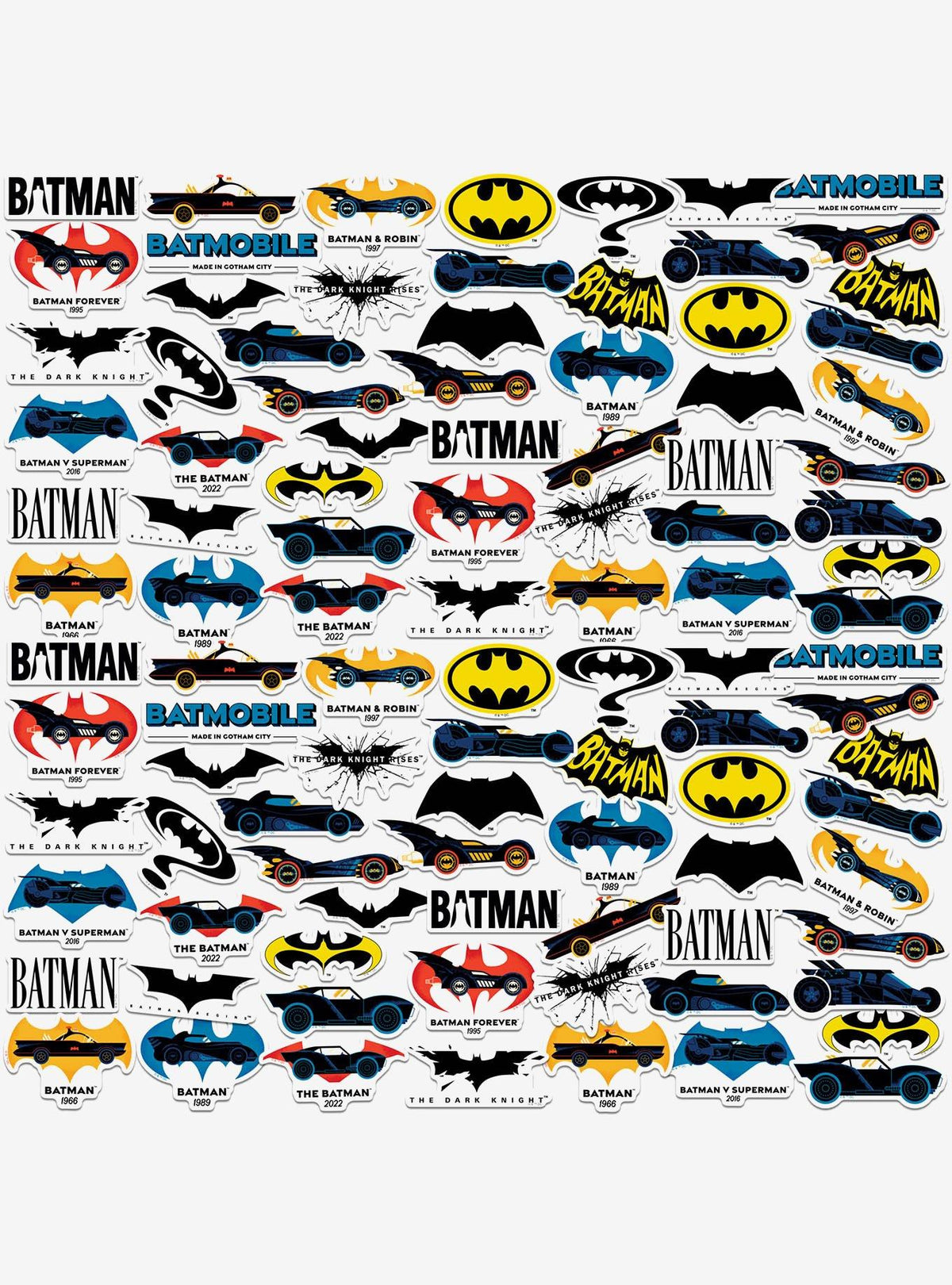 Pack de 100 stickers de Batman: Batimóviles a través del tiempo