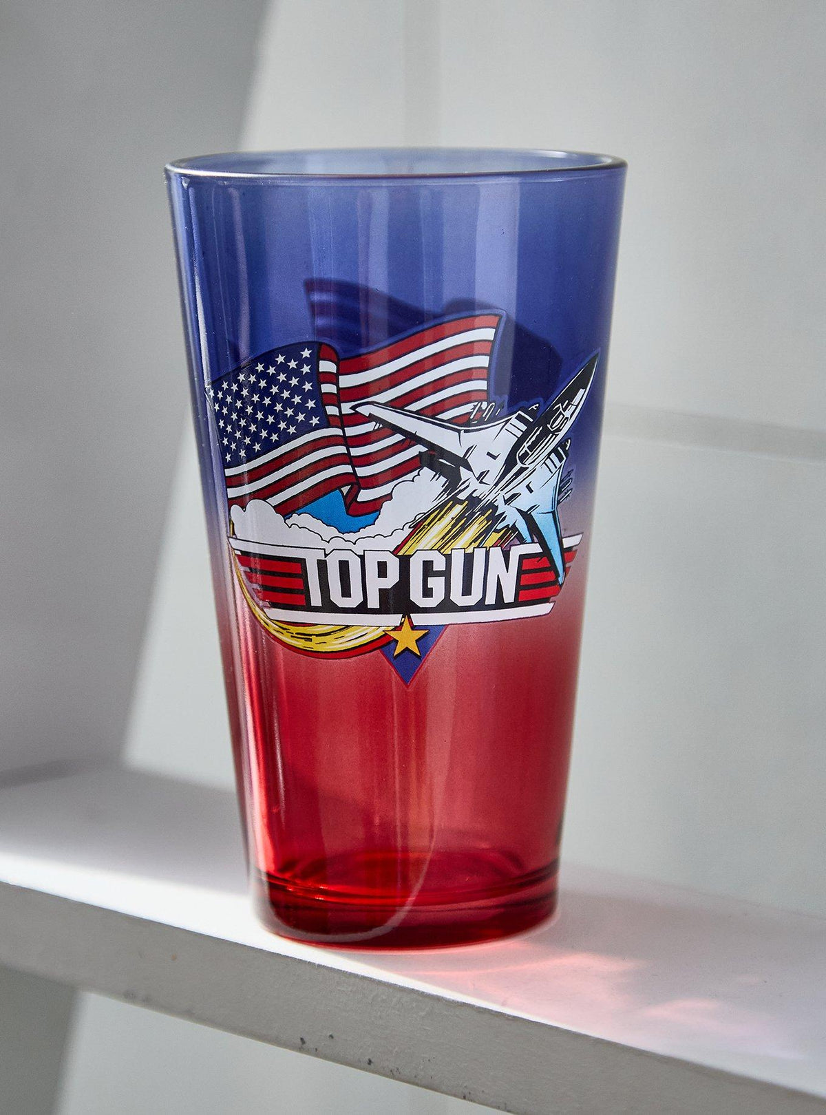 Vaso de vidrio rojo y azul Top Gun