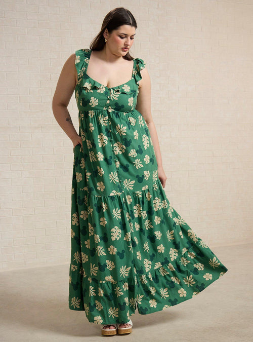 Vestido maxi plus size Disney Mickey Mouse tropical
