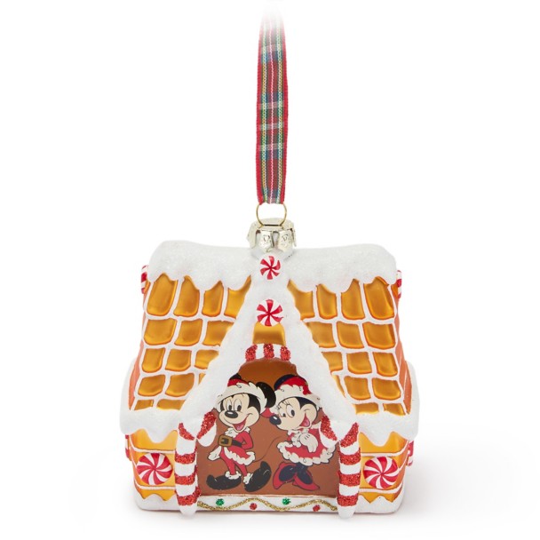Adorno de vidrio de Santa Mickey y Minnie en casa de jengibre