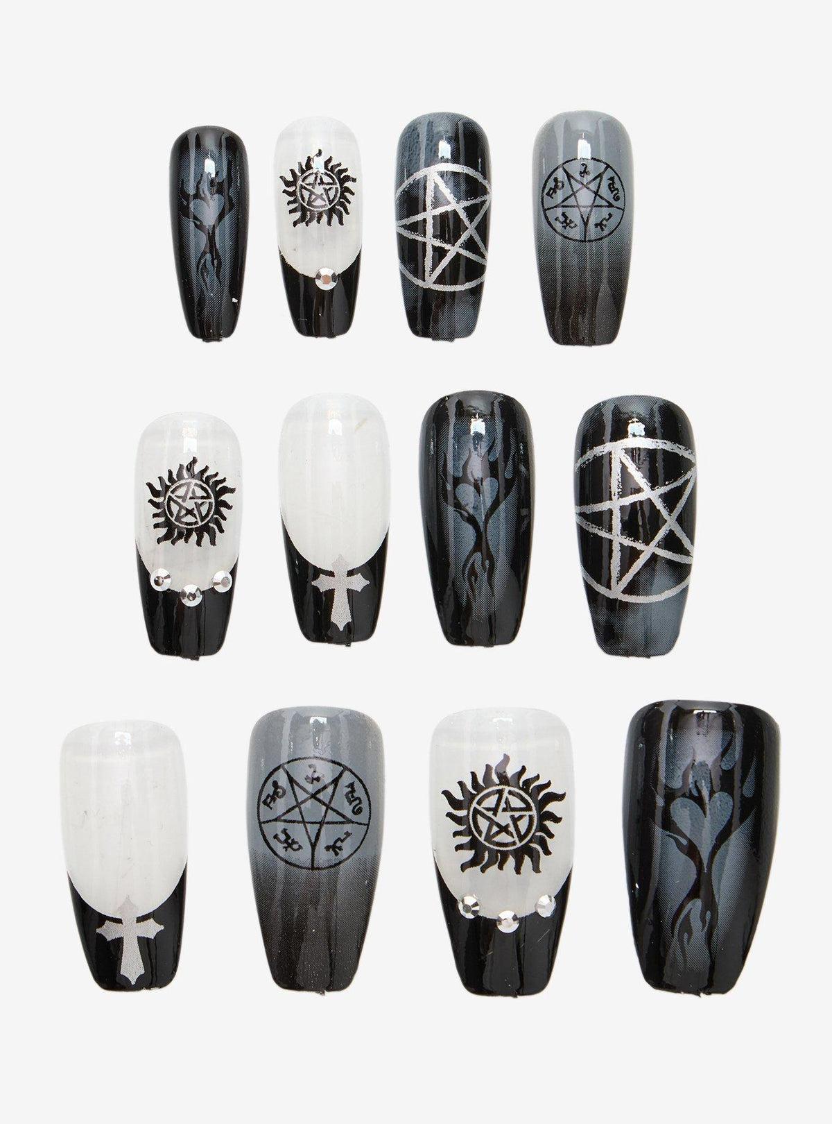 Set de uñas postizas Supernatural en blanco y negro