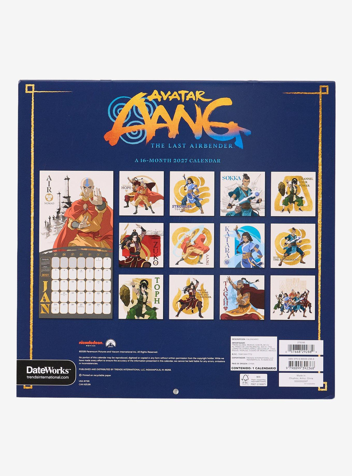 Calendario mural Avatar: La leyenda de Aang 2027