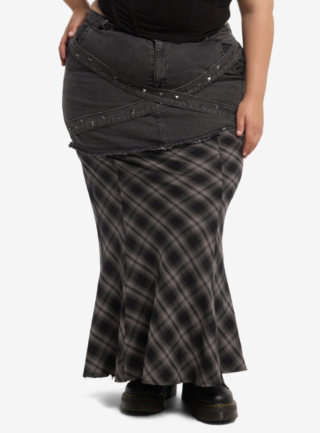 Falda larga Social Collision de mezclilla y cuadros, talla grande