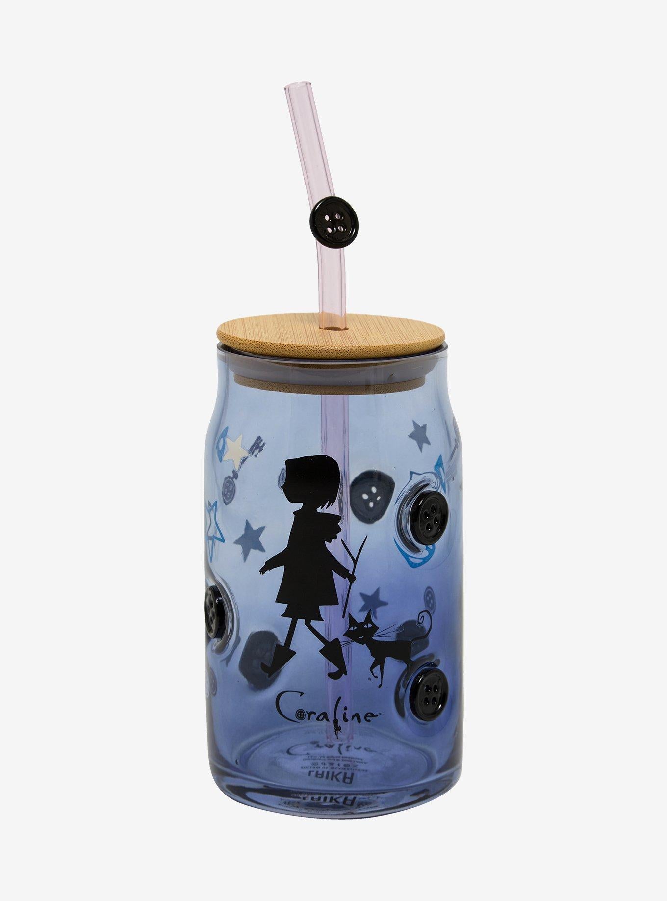 Vaso de vidrio Coraline con botones y bombilla