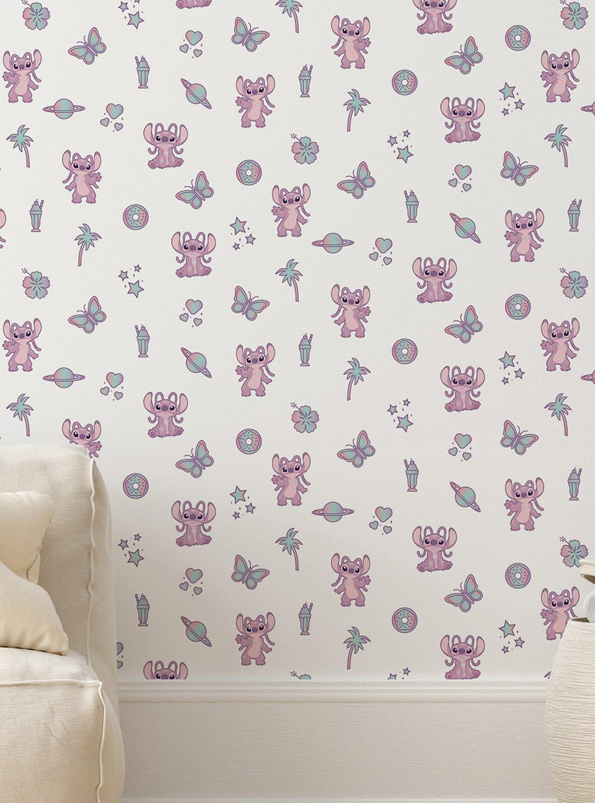 Papel mural autoadhesivo rosado Disney Stitch y Angel
