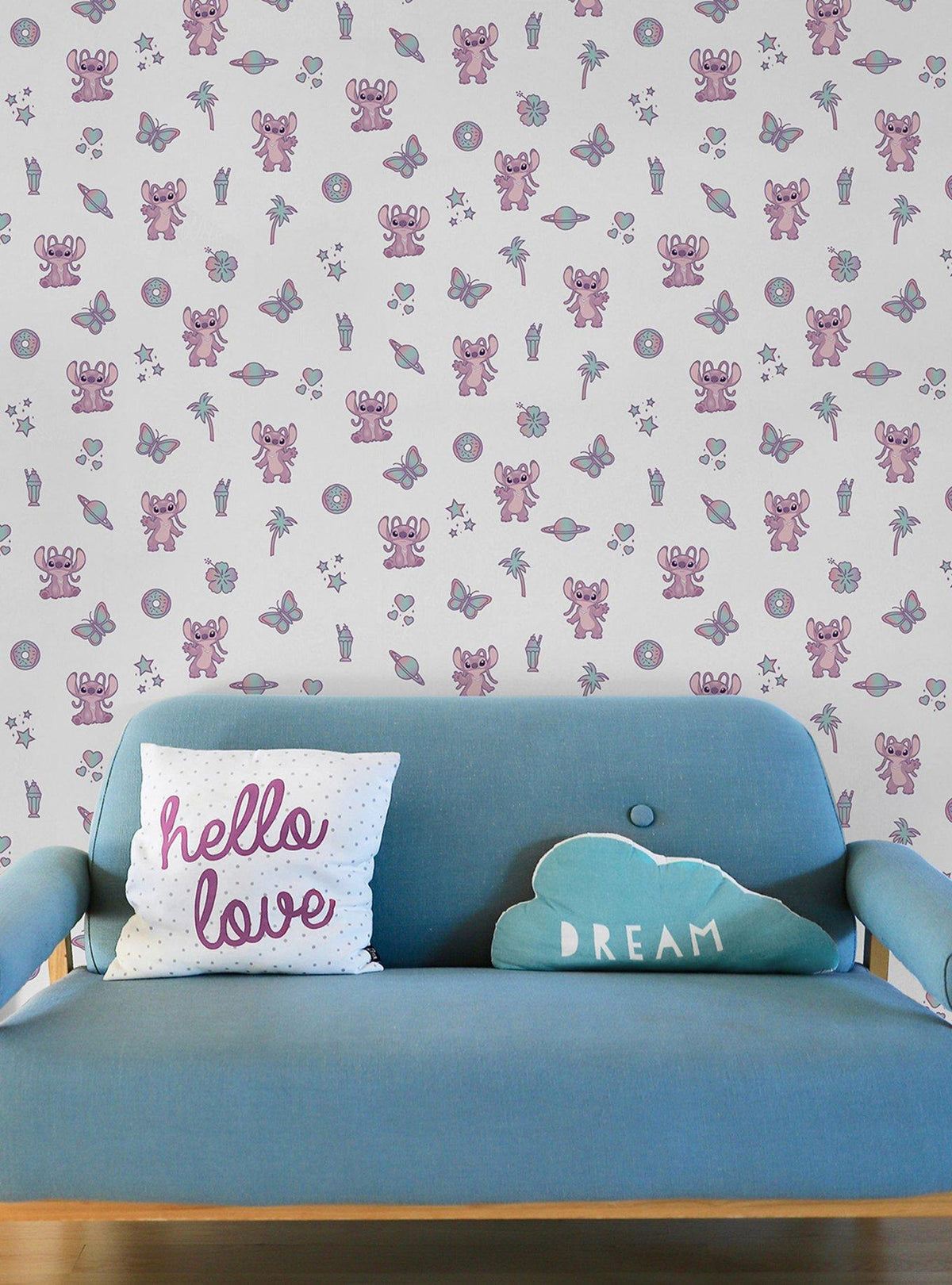 Papel mural autoadhesivo rosado Disney Stitch y Angel