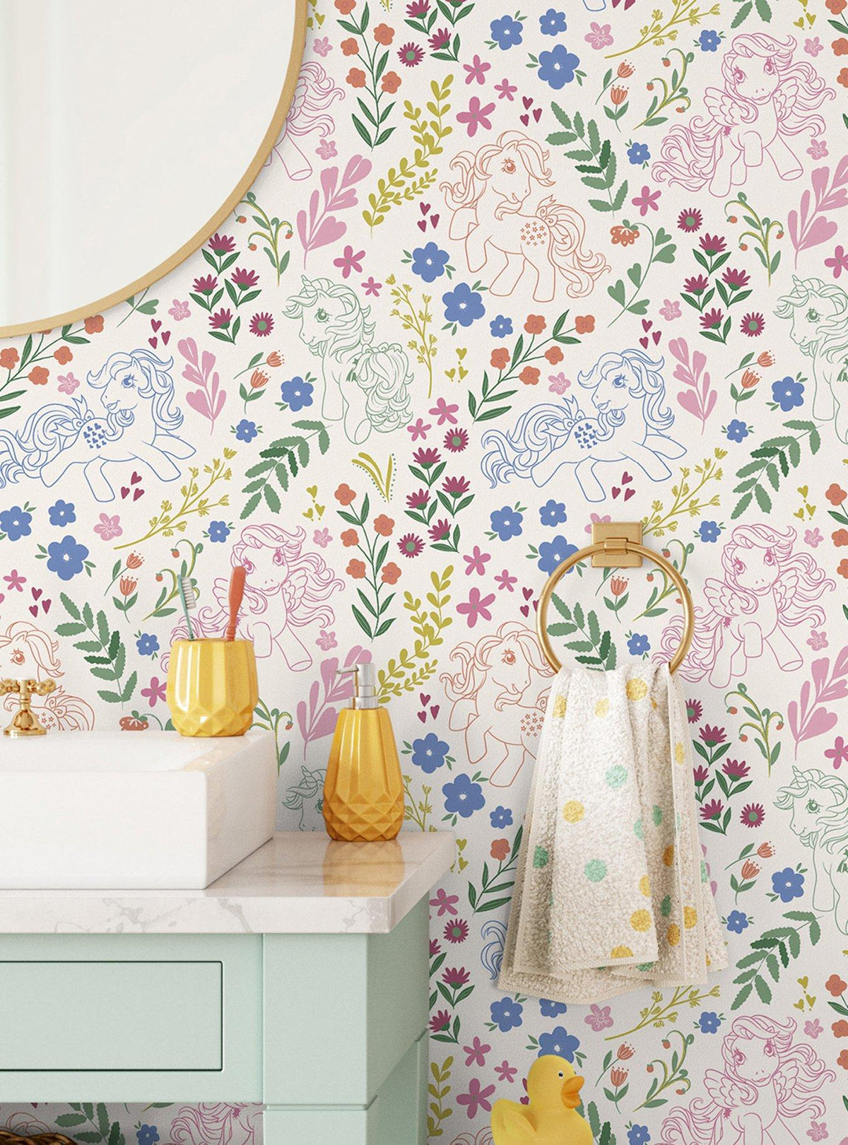 Papel mural autoadhesivo My Little Pony floral retro crema