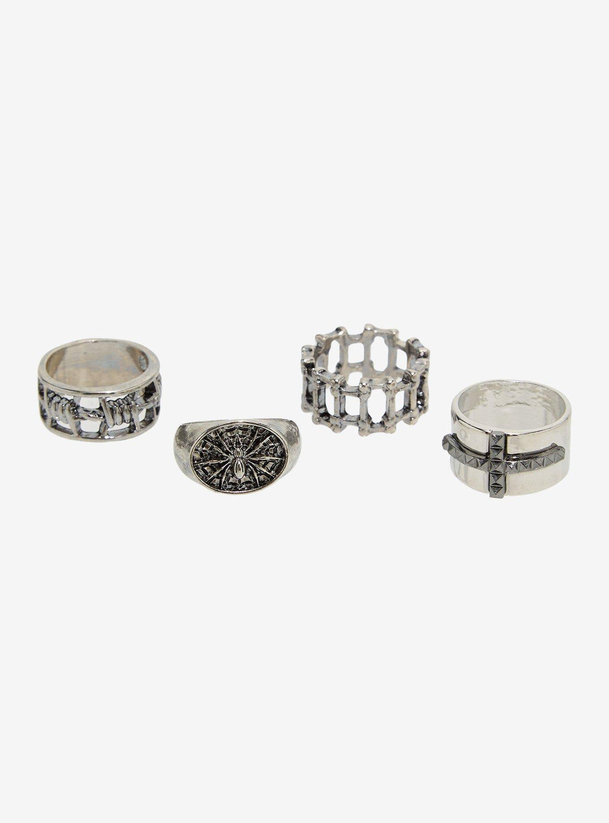Set de 4 anillos grunge con araña y alambre de púas