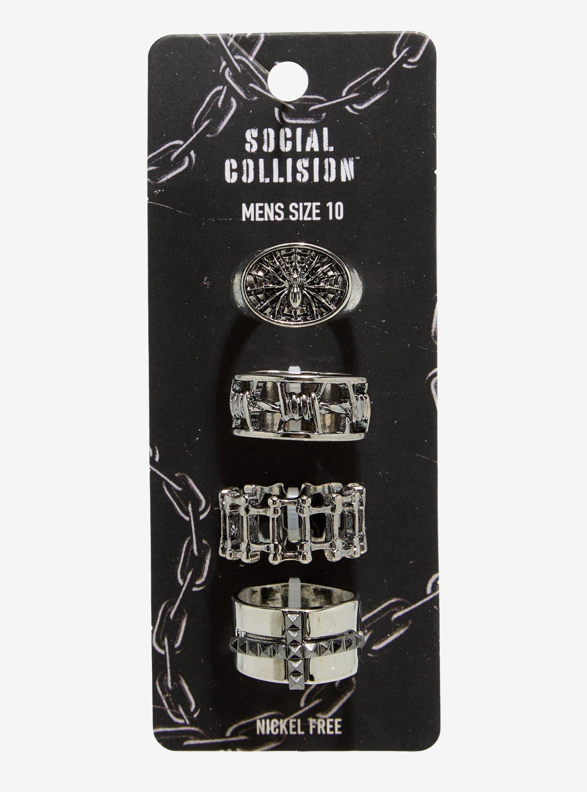 Set de 4 anillos grunge con araña y alambre de púas