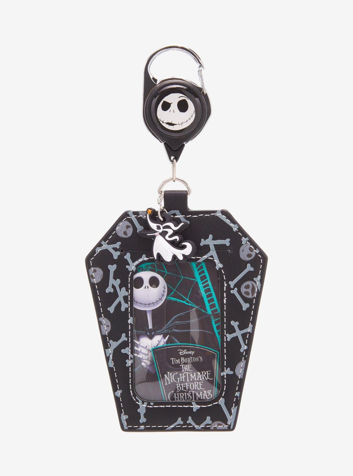 Porta credencial retráctil de Jack Skellington con forma de ataúd